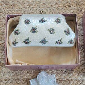 Vintage I. Magnin White Satin with Beaded Flowers, Clutch, in original box